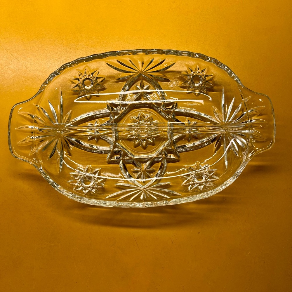 Vintage Starburst Pressed Glass Relish Tray Serving Dish Handles
